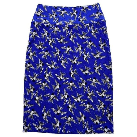LuLaRoe Cassie Blue Black Gray Bird Print Straight Pencil Skirt Sz Small - Picture 2 of 6
